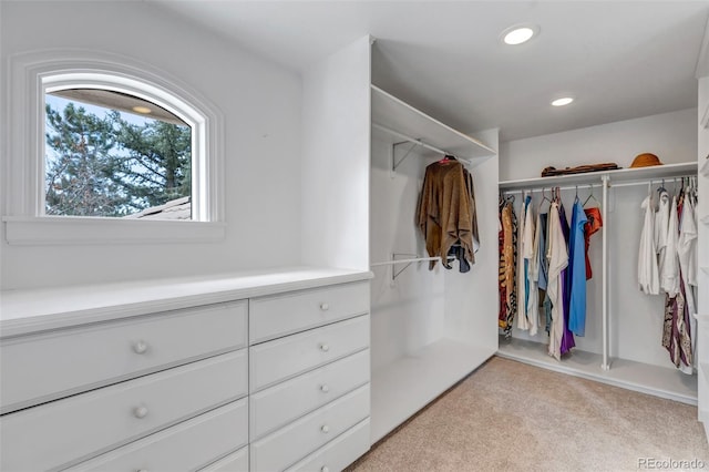 walk in closet with light colored carpet