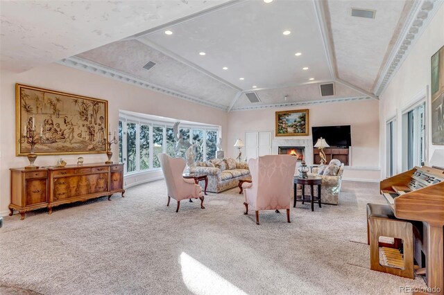 living room featuring carpet, ornamental molding, and high vaulted ceiling