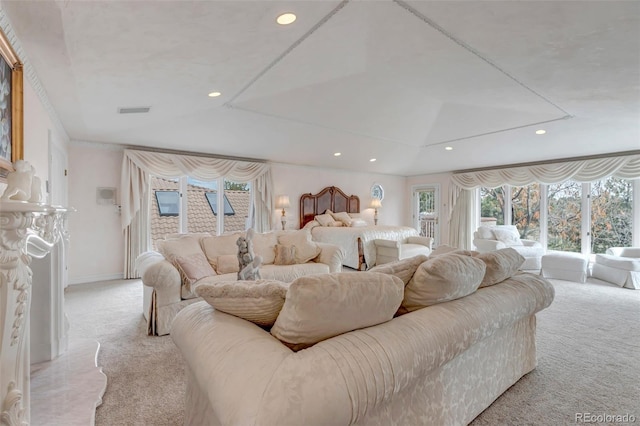 bedroom with access to exterior, recessed lighting, visible vents, carpet flooring, and baseboards