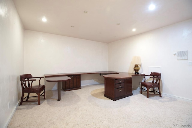 home office featuring light carpet, baseboards, and recessed lighting