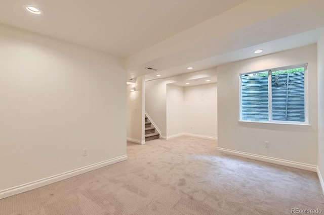 744 Owl Dr, Louisville, CO 80027 - below grade area featuring recessed lighting, carpet, stairs, and baseboards