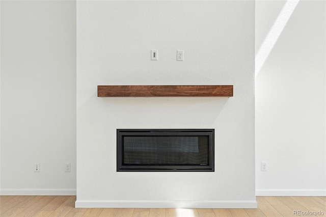 details featuring a glass covered fireplace, baseboards, and wood finished floors