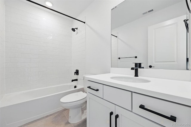full bathroom with toilet, shower / bathing tub combination, visible vents, tile patterned flooring, and vanity
