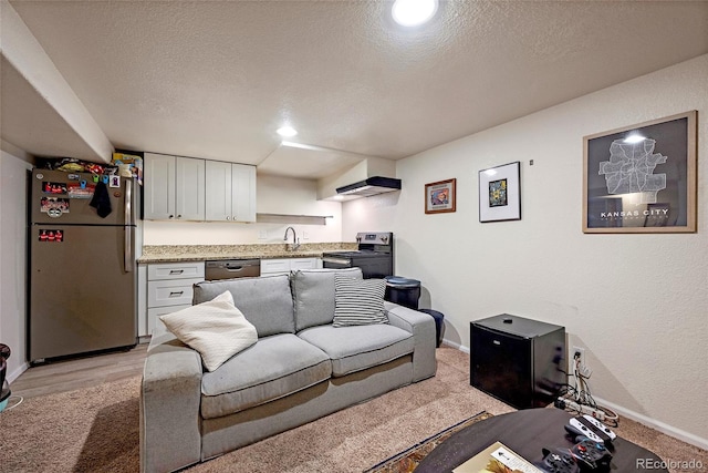 living area featuring light carpet, a textured ceiling, baseboards, and a textured wall