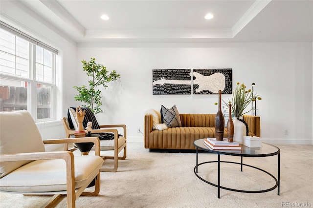 4395 E Jewell Ave Unit 3, Denver, CO 80222 - living area featuring carpet, a tray ceiling, crown molding, and recessed lighting