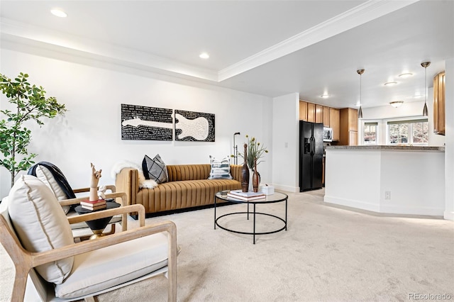 4395 E Jewell Ave Unit 3, Denver, CO 80222 - living area with light carpet, recessed lighting, and ornamental molding