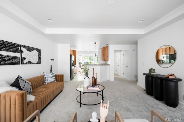 4395 E Jewell Ave Unit 3, Denver, CO 80222 - living area featuring light colored carpet, crown molding, and recessed lighting