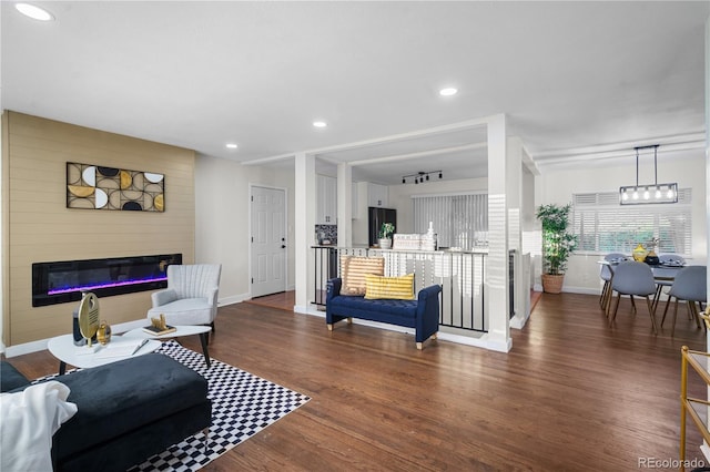 living room featuring dark hardwood / wood-style flooring and a large fireplace