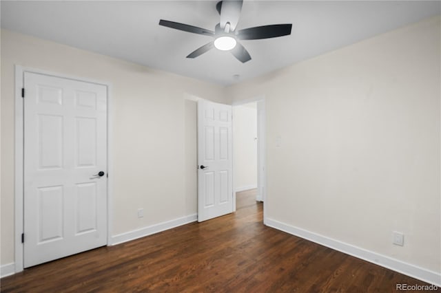 unfurnished bedroom featuring ceiling fan and wood-type flooring