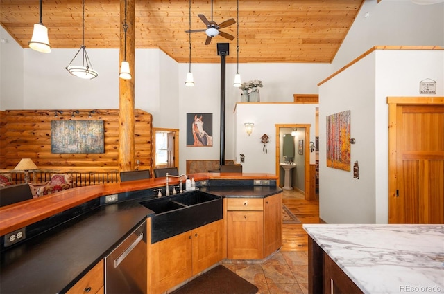 kitchen with dishwasher, wood ceiling, log walls, high vaulted ceiling, and a sink