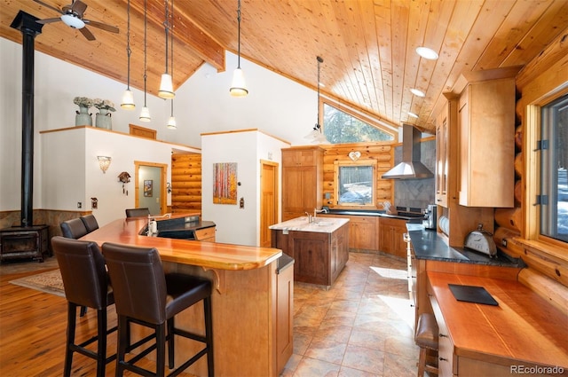 kitchen featuring high vaulted ceiling, a wood stove, an island with sink, wood ceiling, and wall chimney range hood