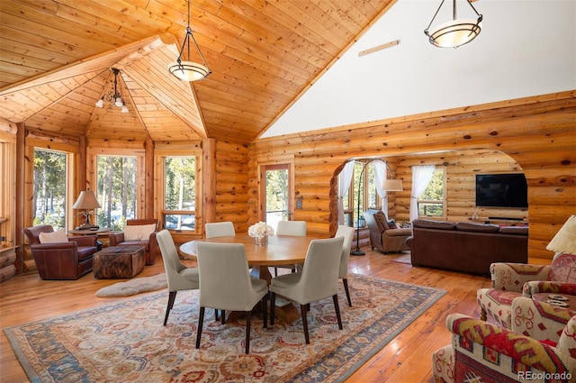 dining area with plenty of natural light, wooden ceiling, high vaulted ceiling, and hardwood / wood-style floors