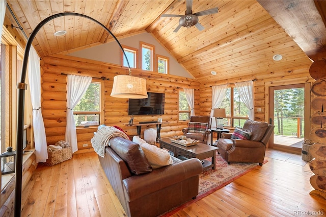 living area featuring wooden ceiling, a healthy amount of sunlight, light wood-style floors, and high vaulted ceiling