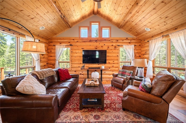 living area featuring wooden ceiling and high vaulted ceiling