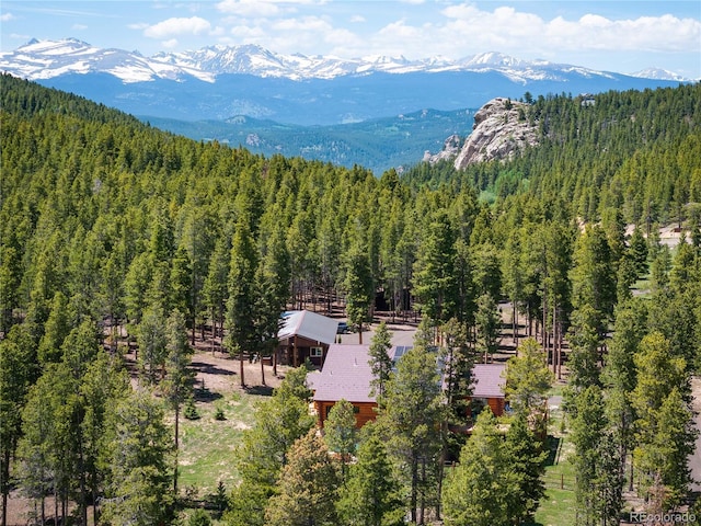 drone / aerial view featuring a mountain view and a view of trees