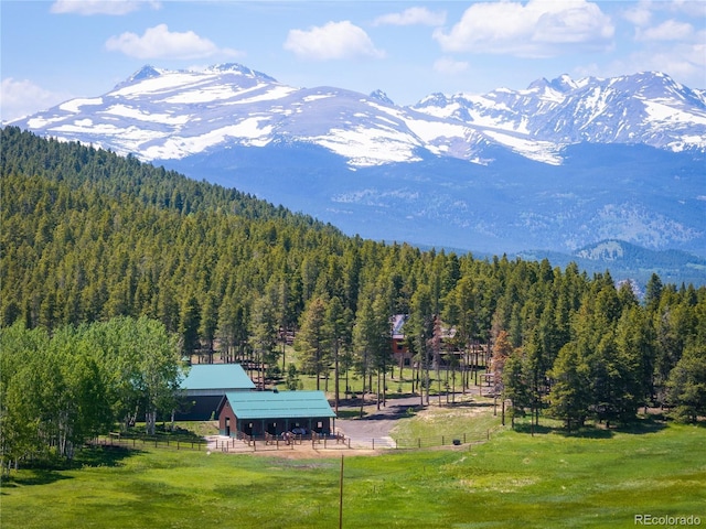 mountain view featuring a forest view