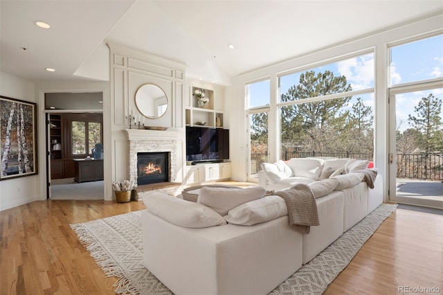 living area with lofted ceiling, light wood finished floors, a fireplace, and built in features