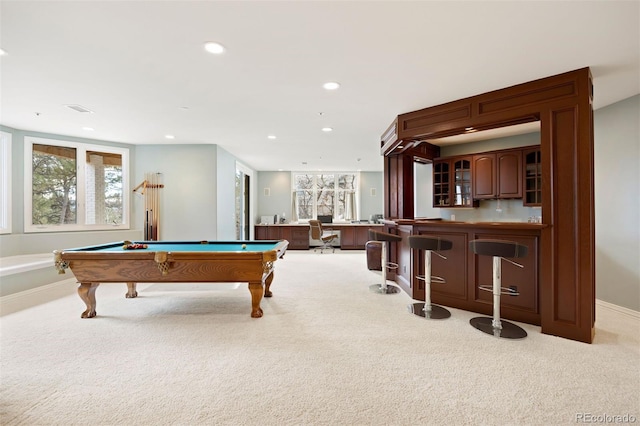 playroom with recessed lighting, billiards, carpet flooring, baseboards, and visible vents