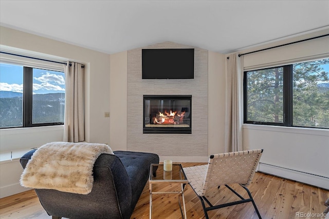 living area featuring lofted ceiling, a fireplace, wood finished floors, and a baseboard radiator