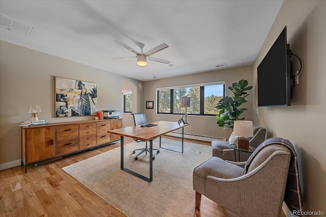 office featuring ceiling fan, light wood finished floors, arched walkways, and visible vents