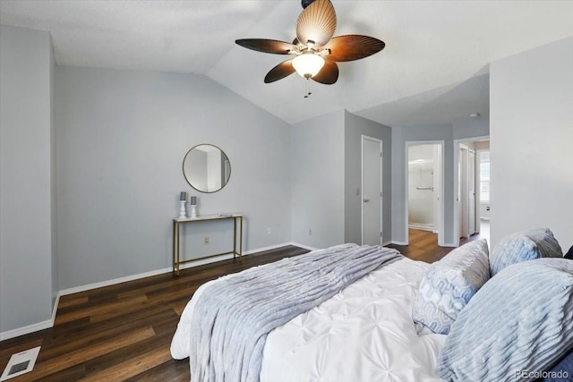 3525 Queen Anne Way, Colorado Springs, CO 80917 - bedroom featuring dark wood-style floors, lofted ceiling, baseboards, and a ceiling fan