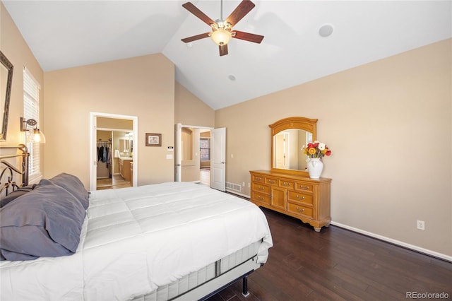 bedroom with ceiling fan, dark wood-type flooring, and high vaulted ceiling