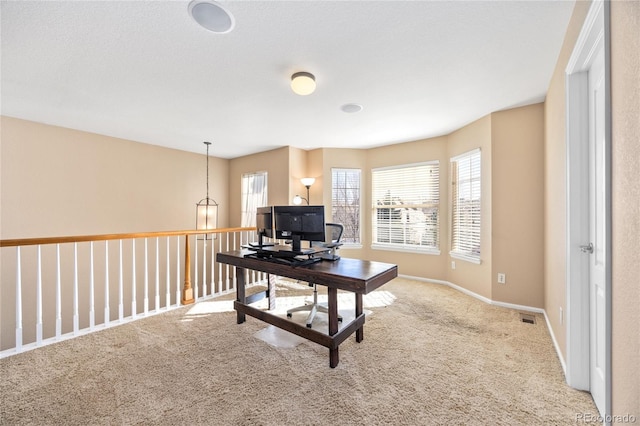 home office featuring light colored carpet