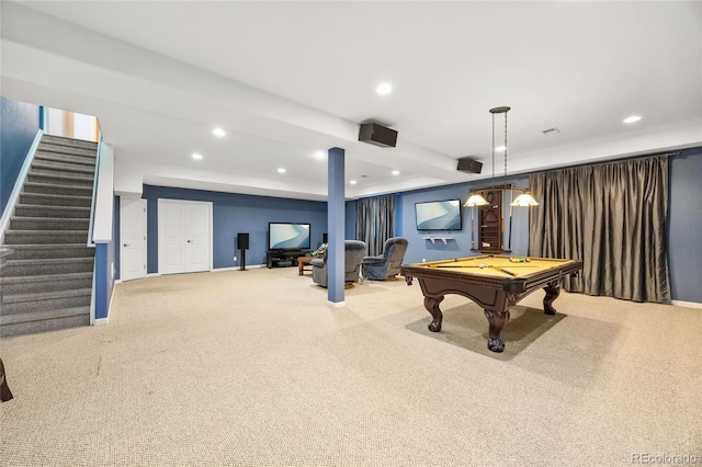 rec room with carpet flooring and billiards