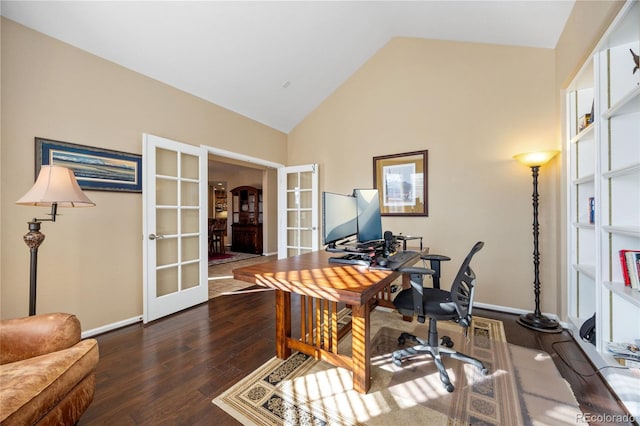 office featuring dark hardwood / wood-style flooring, french doors, and high vaulted ceiling