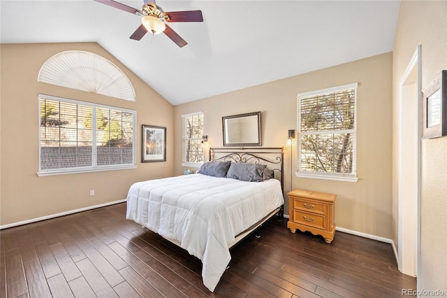 bedroom featuring vaulted ceiling, ceiling fan, and dark wood-type flooring