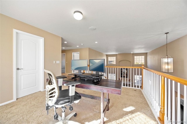 workout room with light colored carpet