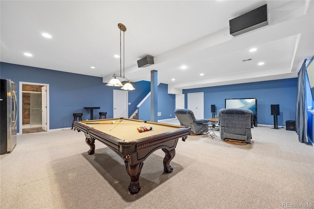 rec room with carpet flooring and billiards