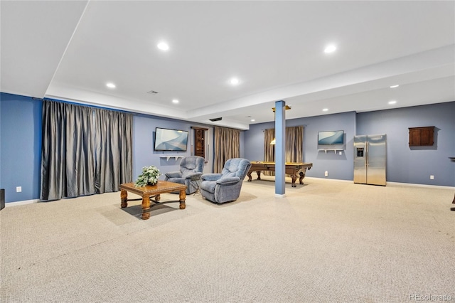 living room featuring light carpet and billiards