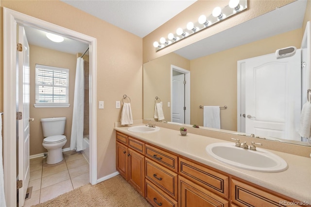 full bathroom featuring shower / bathtub combination with curtain, vanity, toilet, and tile patterned flooring