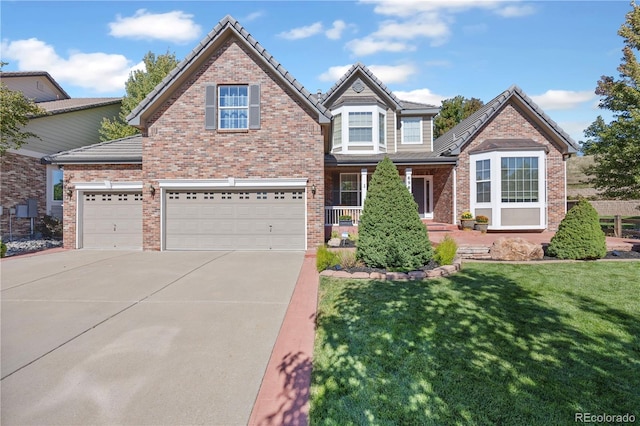 6987 Esperanza Dr, Castle Pines, CO 80108 - view of front of house featuring concrete driveway, a front lawn, brick siding, and a tile roof