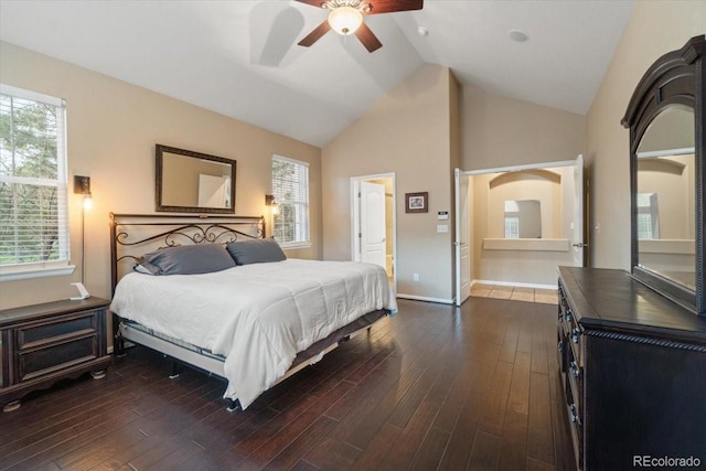 6987 Esperanza Dr, Castle Pines, CO 80108 - bedroom with dark wood-style floors, multiple windows, baseboards, a ceiling fan, and high vaulted ceiling