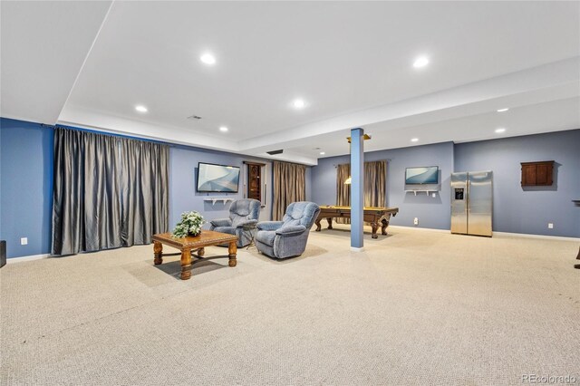 6987 Esperanza Dr, Castle Pines, CO 80108 - living area featuring carpet floors, recessed lighting, baseboards, a raised ceiling, and billiards