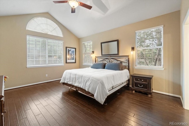 6987 Esperanza Dr, Castle Pines, CO 80108 - bedroom with vaulted ceiling, hardwood / wood-style floors, baseboards, and ceiling fan