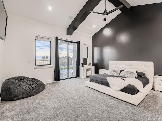 bedroom featuring access to outside, ceiling fan, carpet flooring, beam ceiling, and high vaulted ceiling