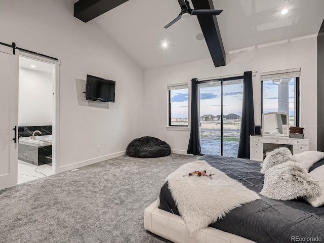 carpeted bedroom featuring ceiling fan, multiple windows, access to outside, and a barn door