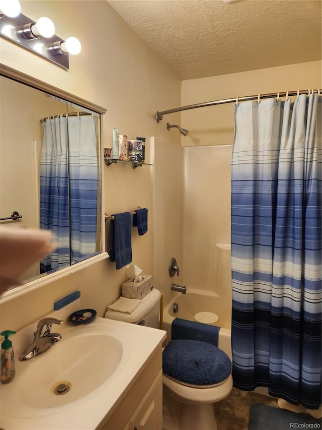 full bathroom with vanity, a textured ceiling, toilet, and shower / bathtub combination with curtain