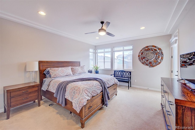 bedroom featuring light carpet, ceiling fan, baseboards, and recessed lighting