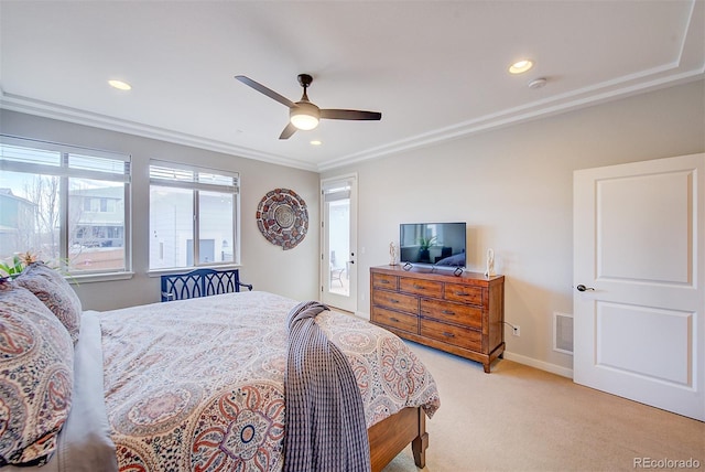 bedroom with visible vents, a ceiling fan, light colored carpet, ornamental molding, and recessed lighting