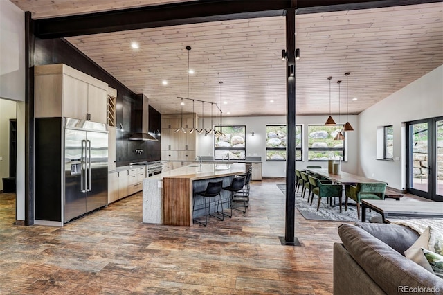 133 Adams Way, Breckenridge, CO 80424 - kitchen featuring high quality appliances, wall chimney range hood, dark wood-type flooring, plenty of natural light, and wood ceiling