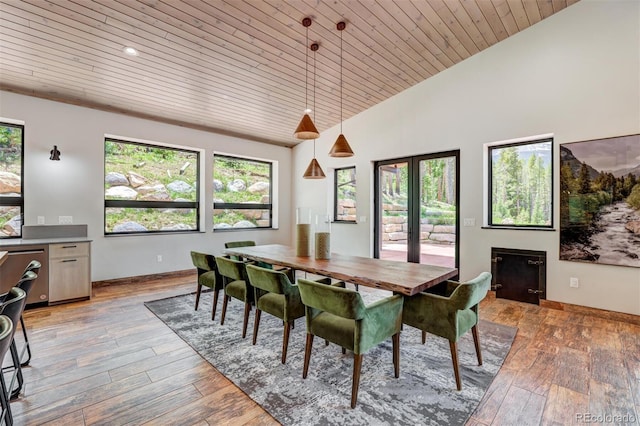 133 Adams Way, Breckenridge, CO 80424 - dining room featuring wooden ceiling, light wood finished floors, baseboards, and high vaulted ceiling
