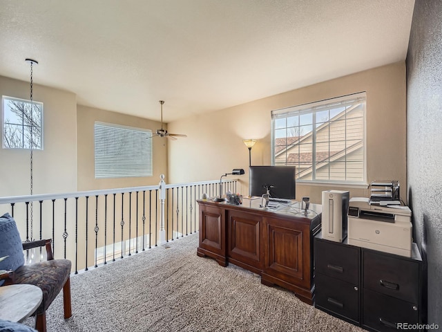 office with a wealth of natural light, carpet, and ceiling fan