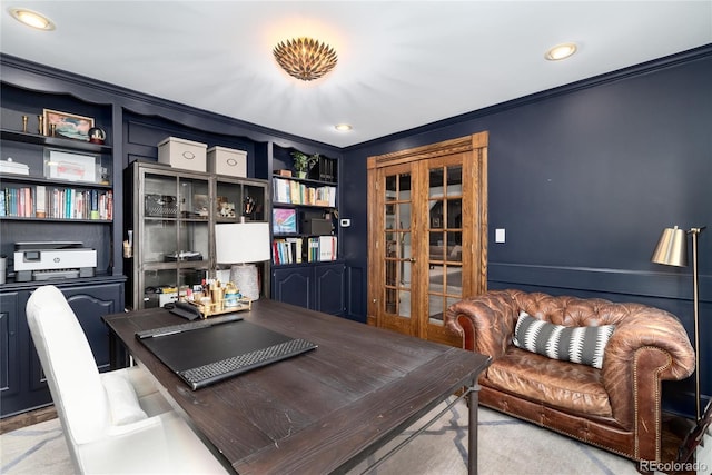 home office featuring french doors, recessed lighting, built in shelves, and crown molding