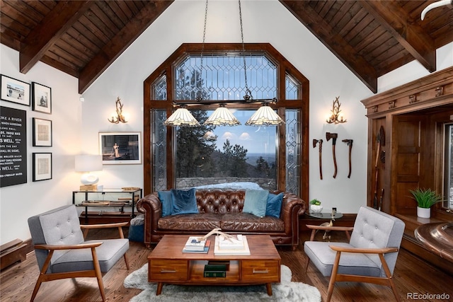 living area featuring high vaulted ceiling, beam ceiling, wood finished floors, and wood ceiling