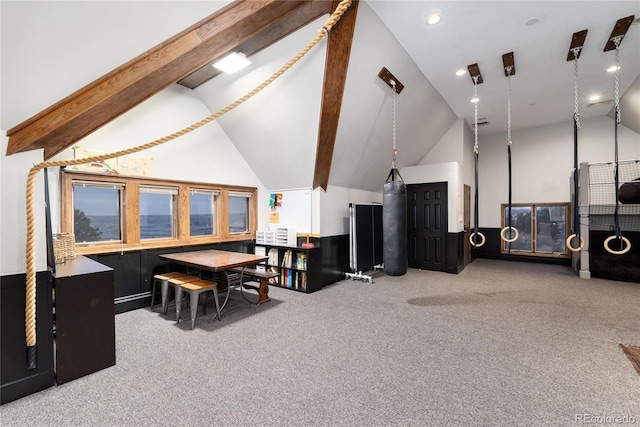 game room featuring carpet floors, recessed lighting, beamed ceiling, and high vaulted ceiling