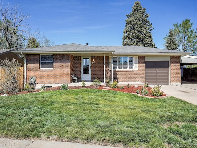 5225 Beech St, Arvada, CO 80002 - ranch-style house with an attached garage, brick siding, driveway, and a front yard